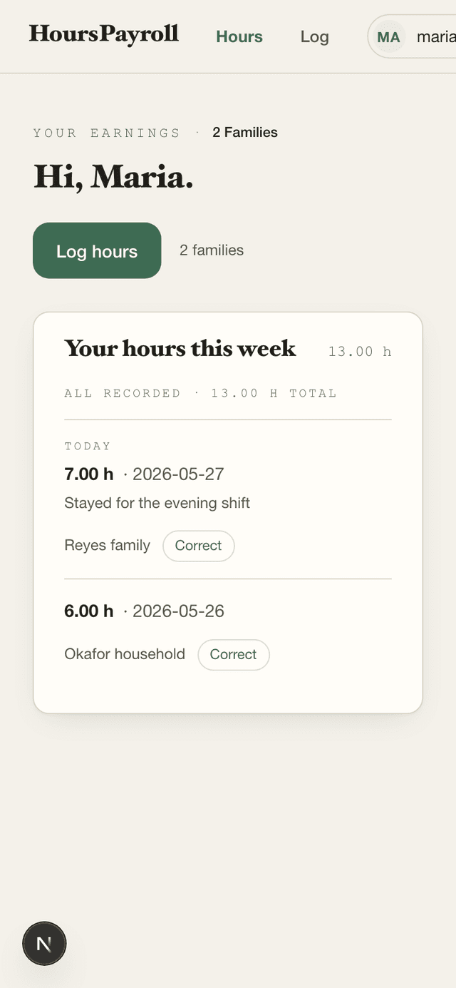 Numbaroll worker app on iPhone, showing earnings across two families and recent hours logged